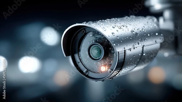 Fototapeta Security Camera Close-up Covered in Raindrops with Blurry Background
