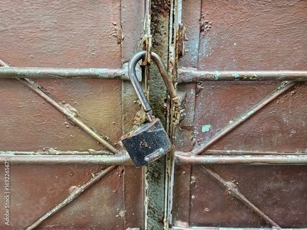 Fototapeta Old rusty unlocked padlock hanging on a weathered and corroded metal gate. A vintage grunge texture symbolizing insecurity, access, or forgotten secrets.