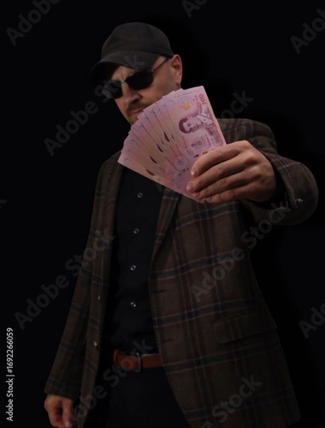 Fototapeta Currency notes displayed on a bright red surface showing detailed designs and denominations in a financial setting