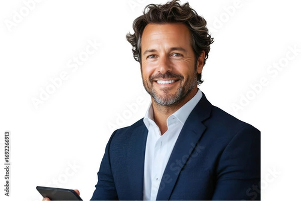Fototapeta Professional businessman portrait smiling holding tablet in suit for business profile image , isolated on transparent background