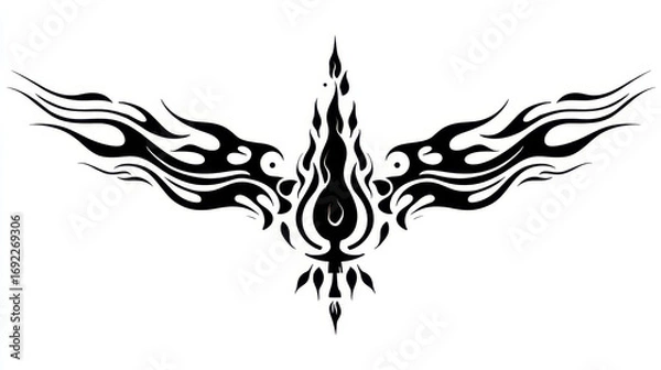 Fototapeta Black tribal tattoo design featuring wings and flame motifs for artistic expression and body art decoration