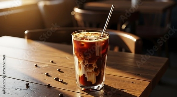 Fototapeta Refreshing Iced Coffee with Straw on Wooden Table in Cafe.