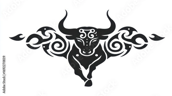 Obraz Tribal Bull Symbol with Intricate Swirls and Patterns in Black and White Design for Artistic Touch