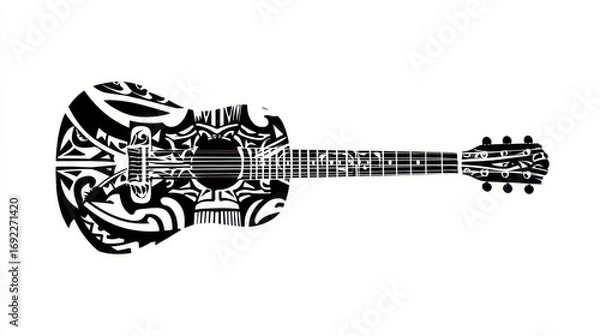 Obraz Intricate Black and White Guitar Design Featuring Tribal Patterns and Artistic Elements for Creative Projects