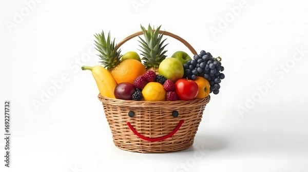Fototapeta a woven wicker basket filled with a colorful assortment of fresh fruits. On the front of the basket, the design cleverly forms a smiling face
