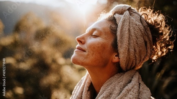 Fototapeta Woman enjoying serenity in nature with a towel and a peaceful expression
