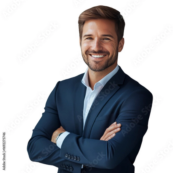 Fototapeta Professional portrait of a confident business man in suit smiling with arms crossed posing , isolated on transparent background