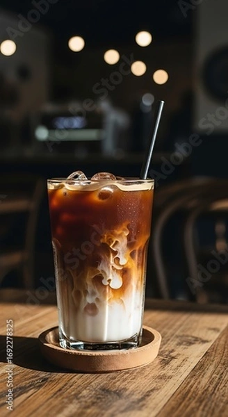 Fototapeta Iced Coffee Delight - A Refreshing Beverage on a Wooden Table.