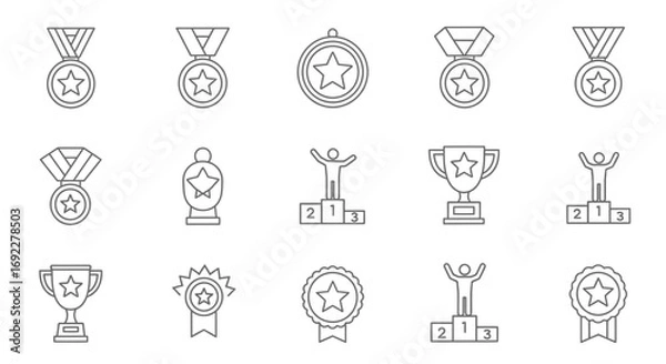 Fototapeta Vector Icons Set of A collection of simple line art icons representing awards trophies and medals for winners. EPS Editable