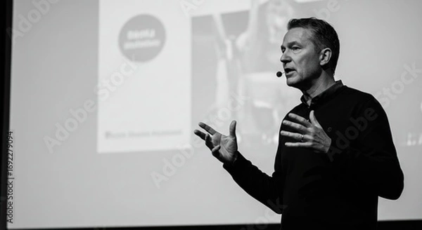 Obraz Man speaking with a lavalier microphone hands gesturing in front of a presentation screen