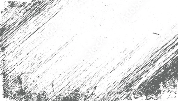 Fototapeta Gray diagonal lines and scattered speckles create a distressed texture on a white background.