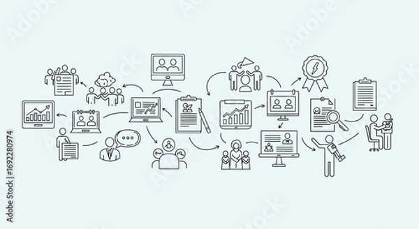 Fototapeta Vector Icons Set of Hand drawn doodle illustration of a business workflow process with interconnected icons representing corporate management and human resources. EPS Editable