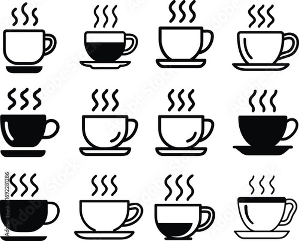 Fototapeta Coffee Cup Icon Set Hot Drink Mug with Steam Vector Collection