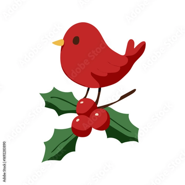 Fototapeta A red bird is perched on a branch with berries. The bird is small and has a bright red color. The image has a festive and cheerful mood