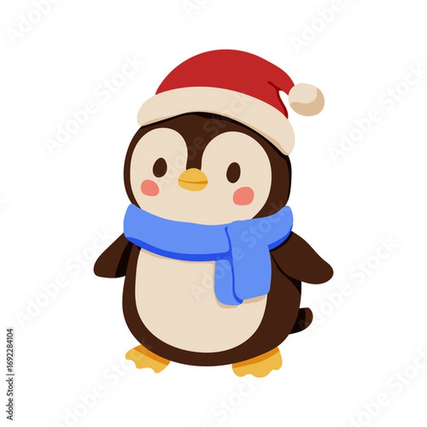 Fototapeta A penguin wearing a red hat and blue scarf. The penguin is standing on a white background