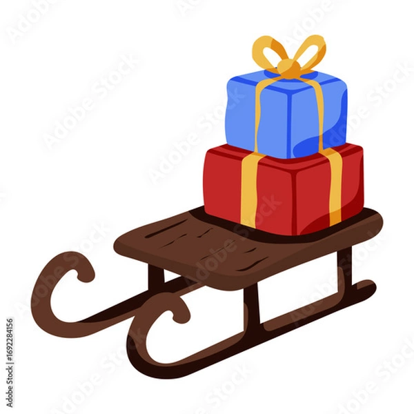Fototapeta A wooden sled with two boxes on top of it. The boxes are wrapped in red and blue paper