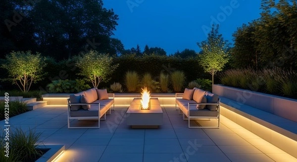 Fototapeta A modern outdoor patio with comfortable seating, a fire pit, and ambient lighting at dusk.