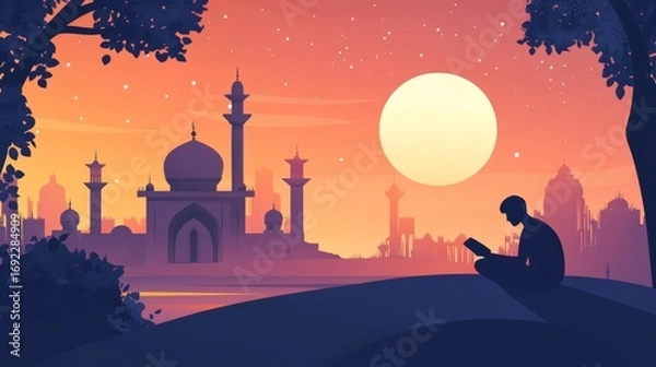 Fototapeta Tranquil Evening: Silhouette of a Reader by a Mosque
