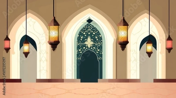 Fototapeta Serene Mosque Entrance: Ramadan's Illuminated Architecture