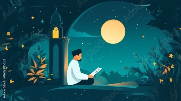 Fototapeta Night of Reflection: A Man Reading Under the Moon