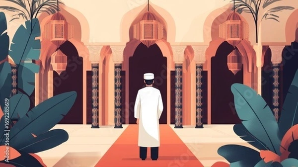 Fototapeta A Man in White Robe Approaching Majestic Moroccan Architecture