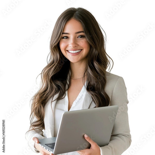 Fototapeta Portrait of a smiling businesswoman holding laptop for professional headshot or profile pic , isolated on transparent background