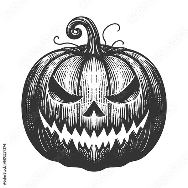 Fototapeta carved jack-o-lantern pumpkin with an eerie, menacing face for Halloween decoration sketch engraving generative ai raster illustration. Scratch board imitation. Black and white image.