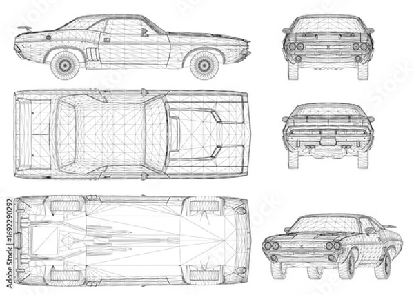 Fototapeta Detailed blueprint of a muscle car on a white background, featuring wireframe design with intricate headlights, grille, and wheels.