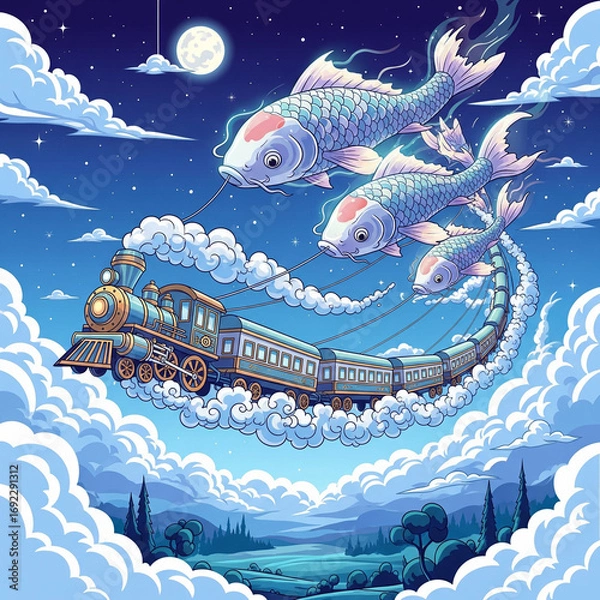 Fototapeta Sky Train Pulled by Giant Koi Fish