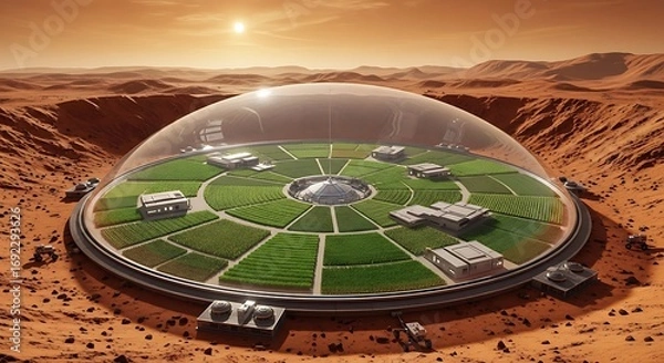 Fototapeta Mars Habitat - Sustainable Dome Ecosystem on the Red Planet.