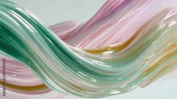 Fototapeta Abstract glass sculpture with flowing pastel waves in pink, green and golden tones, glossy texture and modern fluid design for contemporary art and luxury decoration