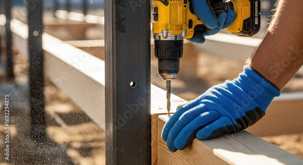 Fototapeta Close-up of a worker using a yellow power drill on a construction site, drilling into wood with precision, wearing blue protective gloves, showcasing craftsmanship and safety.