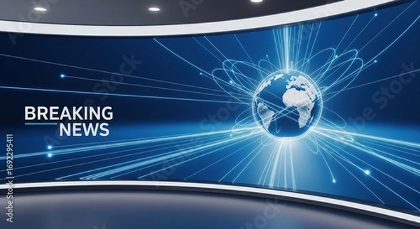 Fototapeta Breaking news background with digital globe and glowing network lines symbolizing global communication, media, technology, broadcasting, information flow, speed, and connectivity.
