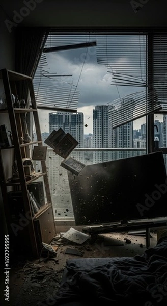 Fototapeta Broken window scene in modern apartment with shattered blinds, flying debris, and falling objects against city skyscraper skyline, symbol of chaos, destruction, danger, and urban collapse.