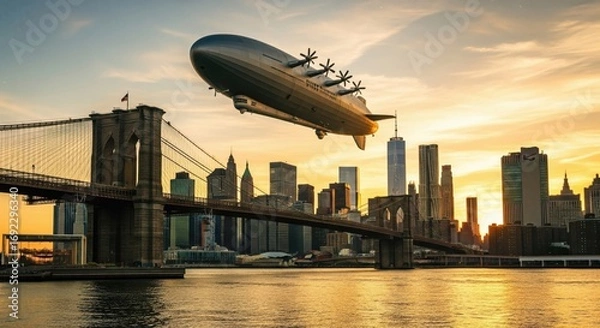 Fototapeta Futuristic airship flying above Brooklyn Bridge and New York City skyline at sunset, blending modern skyscrapers and historic architecture in dramatic golden light atmosphere.