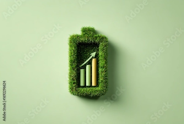 Obraz 3D battery icon made of grass, flat lay on a light green background, a bar graph is visible inside the charging bolt, eco-friendly concept