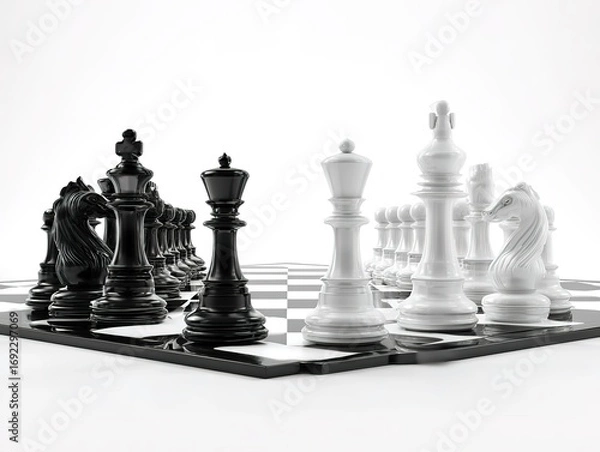 Obraz 3D ultra-realistic render of a black and white chess board with pieces on it, isolated in the middle of a white background