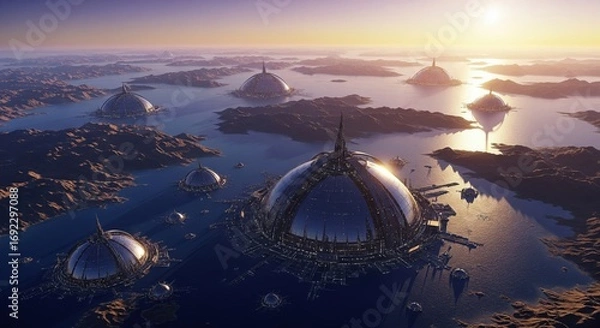 Fototapeta Futuristic domed cities rising from the ocean at sunset, advanced architecture with glowing structures and high-tech design blending with water and mountain landscape