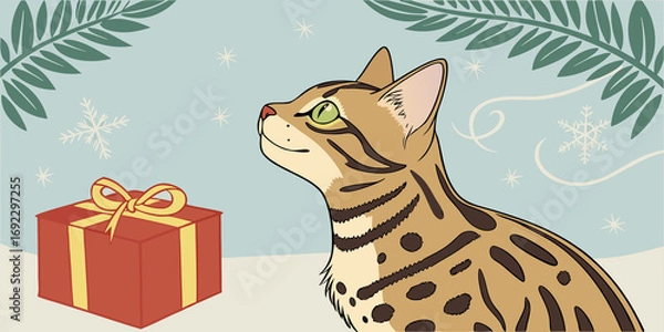 Obraz Christmas Bengal Cat beside Gift Box