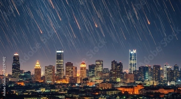 Fototapeta Meteor shower over illuminated city skyline at night, glowing skyscrapers and falling stars creating a breathtaking cosmic scene with urban lights and celestial motion