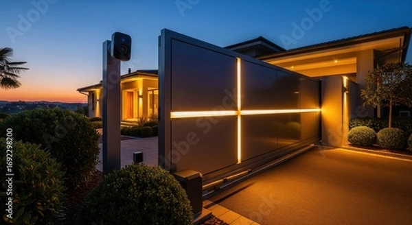 Fototapeta Modern smart home entrance with illuminated automatic gate and security camera at sunset, showcasing luxury architecture, privacy, and advanced home