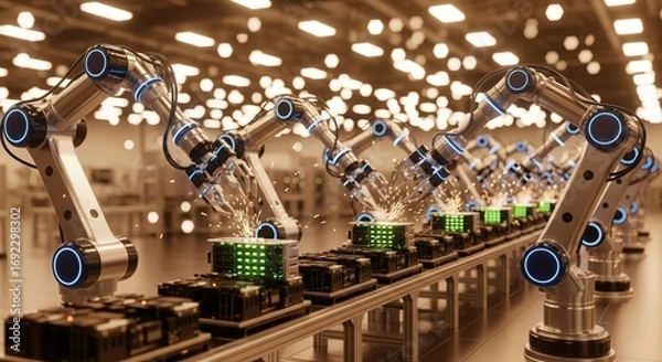 Fototapeta Futuristic robotic arms assembling electronic components on a high-tech factory production line, sparks flying, advanced automation and artificial intelligence in manufacturing