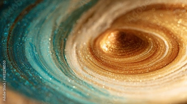 Fototapeta Abstract swirl of golden and turquoise glitter paint with sparkling texture, macro photography of liquid art composition with shimmering metallic pigments and vibrant colors in artistic motion