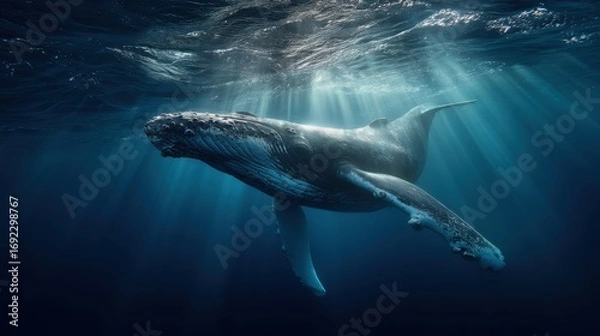 Fototapeta Majestic humpback whale drifting gracefully beneath the ocean surface, illuminated by beams of sunlight piercing through the deep blue water, evoking calm, power, and natural wonder.