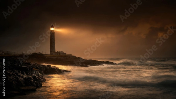 Fototapeta Dramatic lighthouse on a rocky coastline, its bright beam piercing through stormy skies and illuminating turbulent ocean waves at dusk, symbolizing guidance, strength, and resilience.