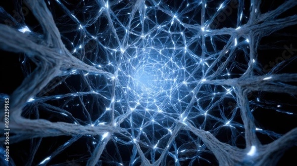 Fototapeta Futuristic glowing neural network with blue electric connections, abstract visualization of digital brain synapses and artificial intelligence structure in cyberspace
