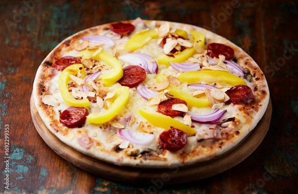 Fototapeta Pizza with chorizo ​​sausage, mozzarella cheese and yellow pepper. Rustic wooden background. Soft focus.