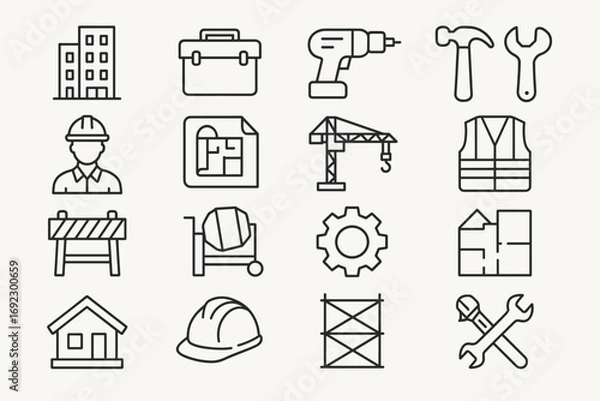 Fototapeta Construction and Building Icons Set – Tools, Helmet, Crane, Architecture Plans