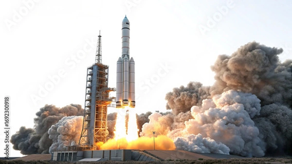 Fototapeta Rocket launch from launchpad with smoke and fire space