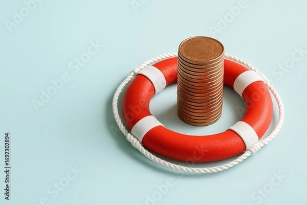 Fototapeta Stack of coins nestled within a vibrant orange life preserver symbolizes financial security and safeguarding assets against unforeseen economic downturns